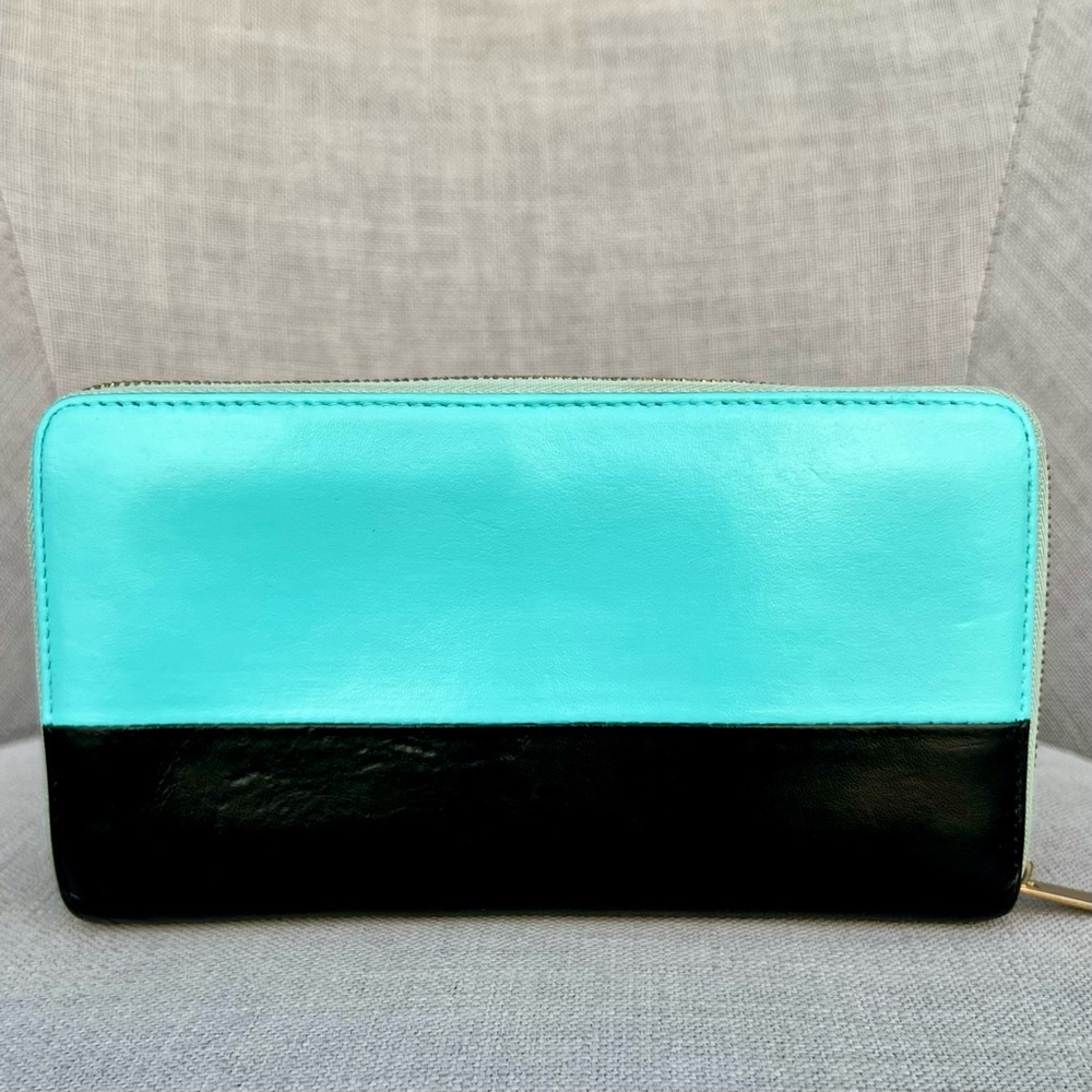 Celine Bi-color Large Zipped Leather Wallet Tiffany blue and Black - Picture 4 of 10